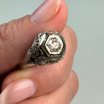 Vintage Solid 18K White Gold Art Deco Old Mine Cut Diamond Ring, Size 6.25