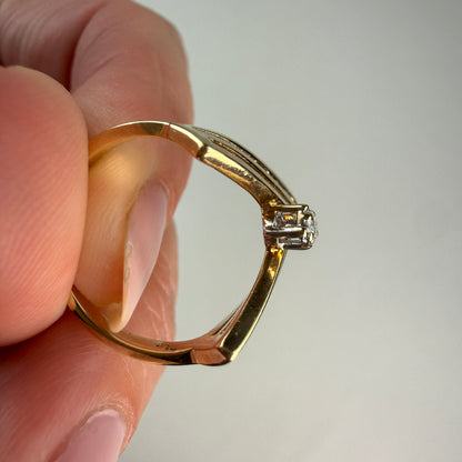 10K Solid Yellow Gold Chevron Diamond Accent Ring, Size 5.25