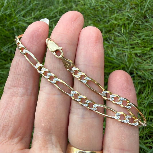 6.75" Italian Solid 14K Yellow & White Gold Faceted Figaro Bracelet, 6.37g