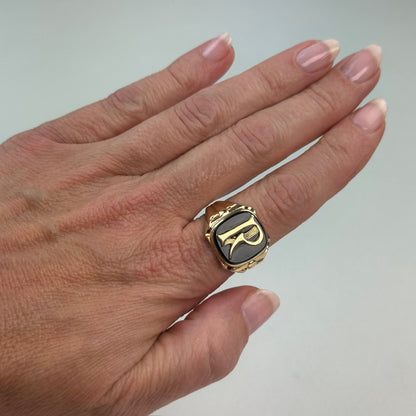 Vintage Solid 10K Yellow Gold and Onyx "R" Signet Ring, Size 10