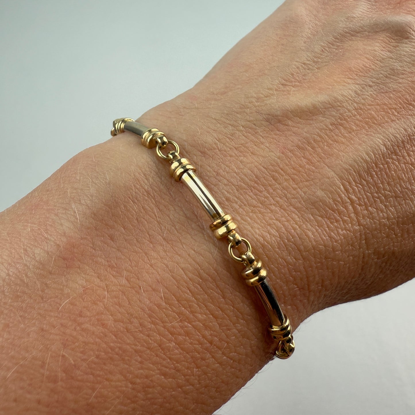 6.75" Solid 14K Two-tone Yellow and White Gold Bar Link Bracelet, 7.62 g