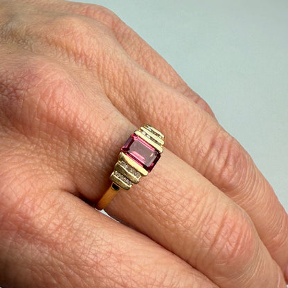 Solid 10K Yellow Gold Vintage Pink Tourmaline and Diamond Ring, Size 7