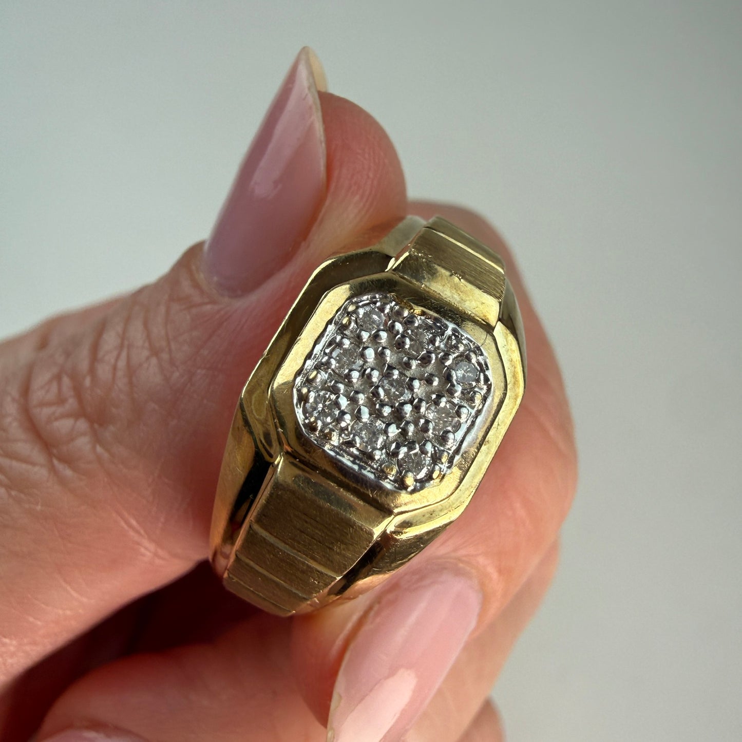 10K Solid Two-Tone Gold Bold Diamond Illusion Signet Ring, Size 11
