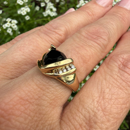 10K Solid Yellow Gold Faceted Black Onyx with 5 Diamond Ring, Size 6