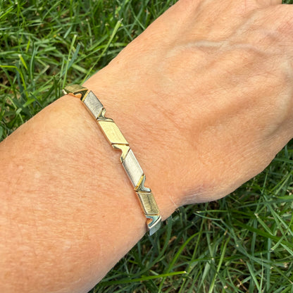 7" Solid 14K Yellow Gold Two-Tone Geometric Link Bracelet, 15.26 grams