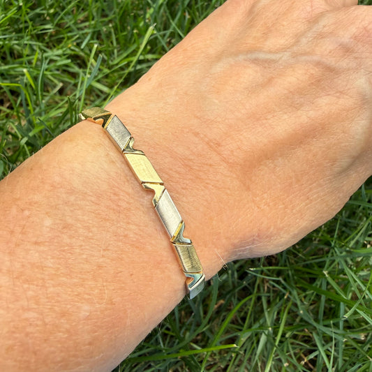 7" Solid 14K Yellow Gold Two-Tone Geometric Link Bracelet, 15.26 grams