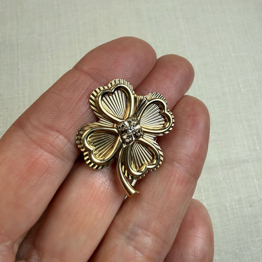 Vintage Solid 10K Engine-turned Four-leaf Clover Pendant with Diamond Pendant, 6.61 grams