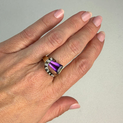 Solid 14K Two-Tone Sculptural Amethyst and Diamond Statement Ring, Size 7.75