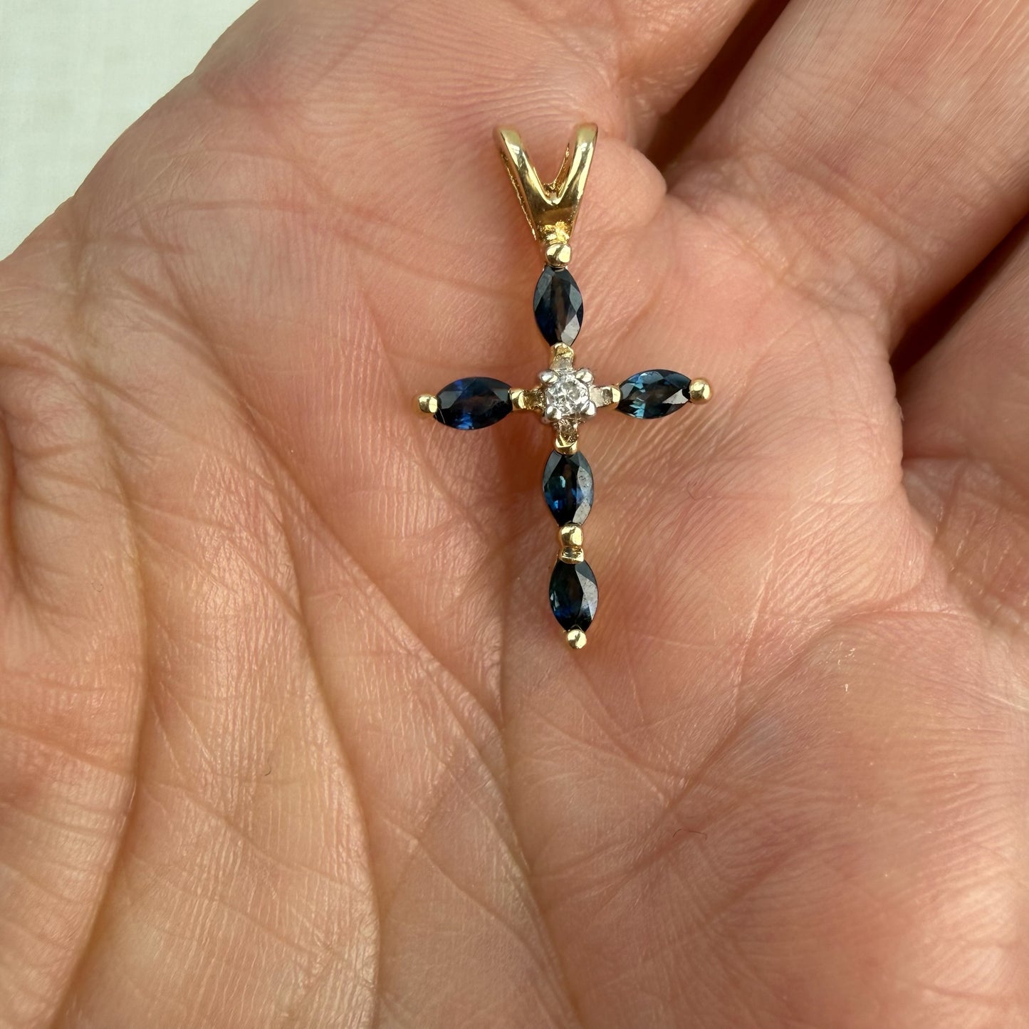 Solid 14K Yellow Gold Sapphire and Diamond Cross Pendant, 1.23 grams