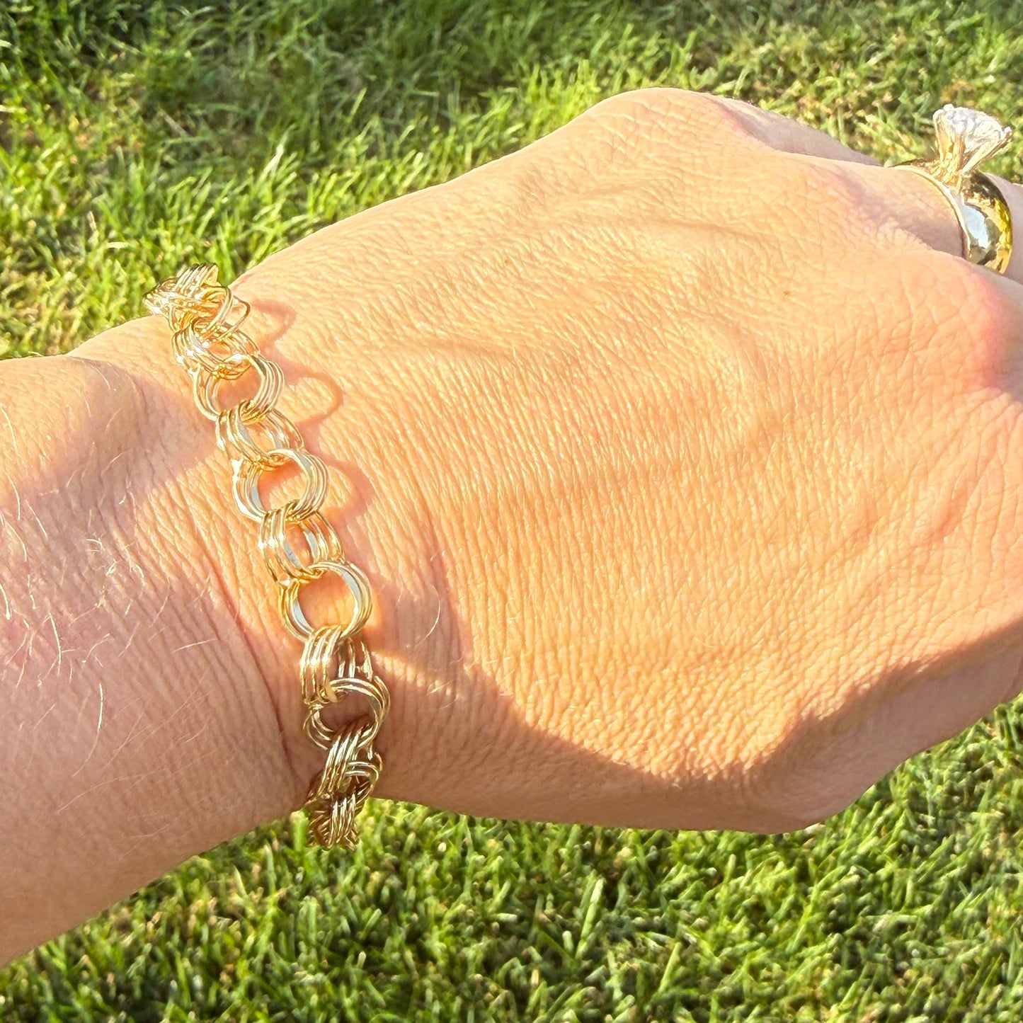 6.5" Vintage Solid 14K Yellow Gold Triple Circle Link Bracelet, 11.23 g