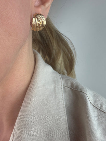 14K Solid Yellow Gold Sculptural Ribbed Earrings, 1.34 g