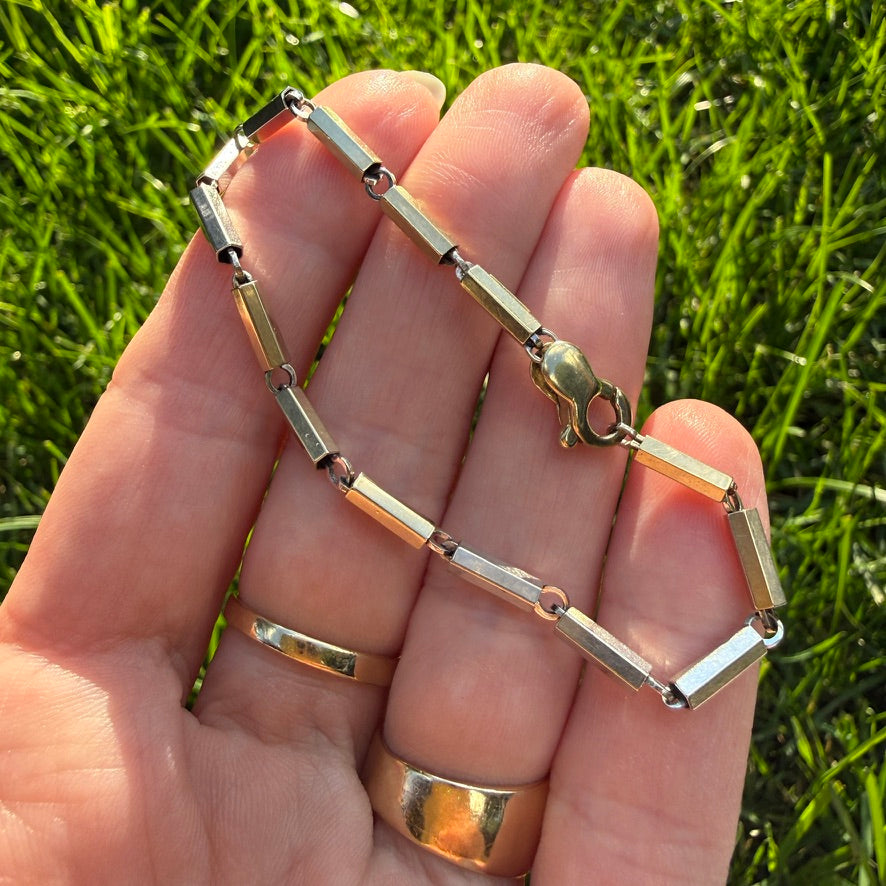 6.25" Italian Solid 14K Two-Tone Yellow & White Hexagon Bar Link Bracelet, 5.7 g