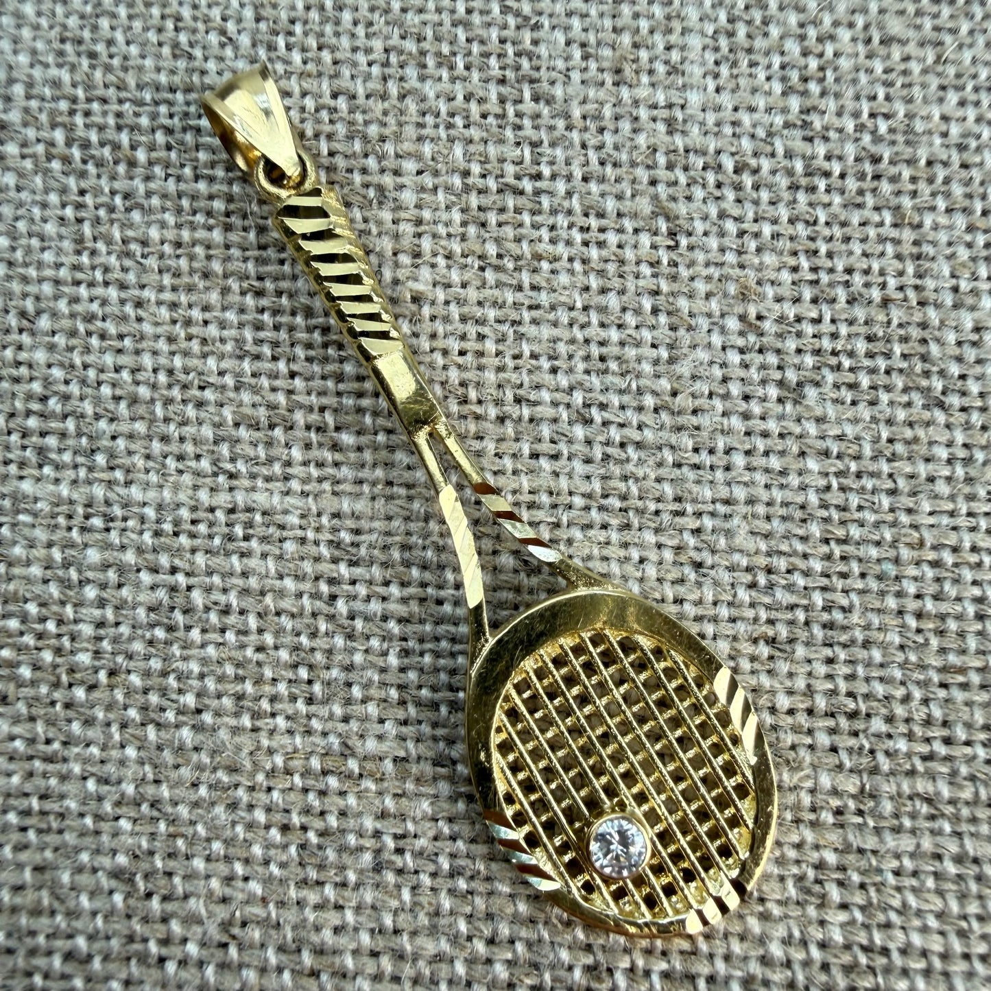 Solid 14K Yellow Gold with Diamond Tennis Racket Pendant Charm, 3.62 grams