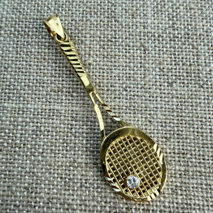 Solid 14K Yellow Gold with Diamond Tennis Racket Pendant Charm, 3.62 grams