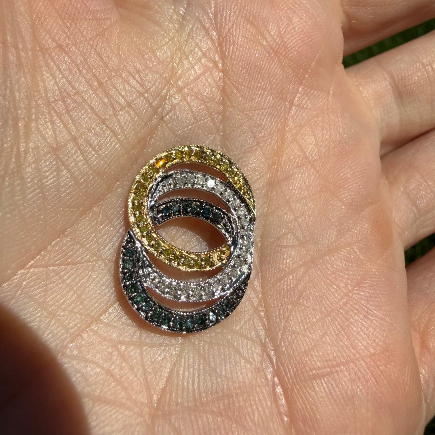 Solid 14K Two-Tone White, Yellow and Black Diamond Interlocking Pendant, 2.32 g