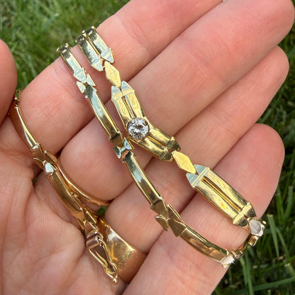 16" Solid 14K Yellow Gold Italian Geometric Link Necklace with .35 -.40 CT Natural Diamond, 17 g