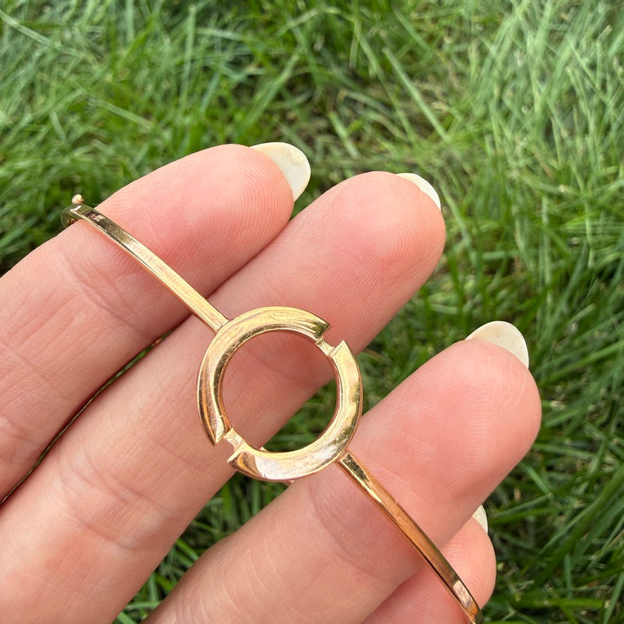 Italian 14K Rose Gold Solid Bangle Bracelet with Geometric Open Circle Detail, 5 g