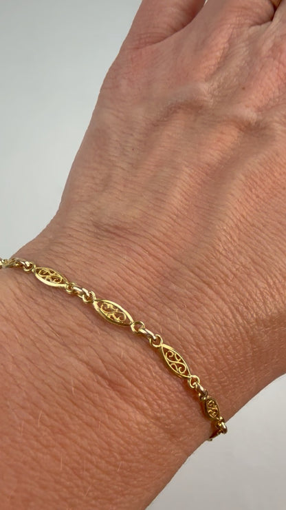 Vintage Solid 14K Yellow Gold Italian Oval Filigree Link Bracelet, 7.25", 3.35 g