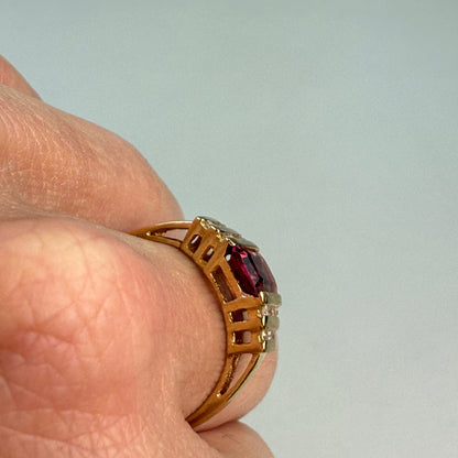 Solid 10K Yellow Gold Vintage Pink Tourmaline and Diamond Ring, Size 7