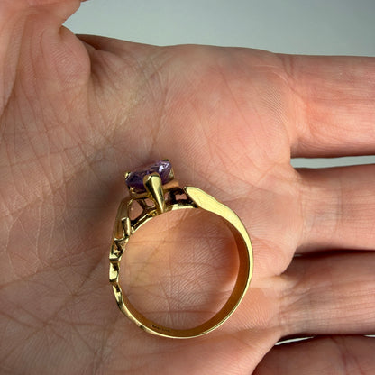 Solid 10K Yellow Gold Pear-shaped Amethyst Sculptural Ring, Size 7.75
