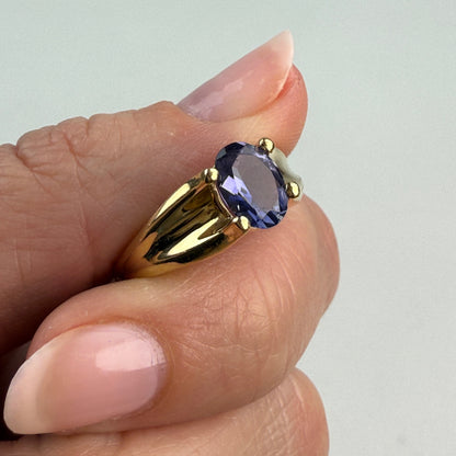 14K Solid Yellow Gold Oval Shaped Faceted Iolite Ring, Size 6.75