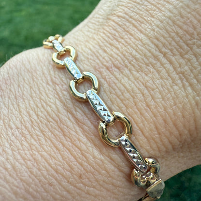 6.75" Solid 10K Two Tone Gold Fancy Link Bracelet, 4.05 g
