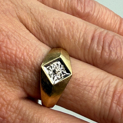 10K Vintage Solid Yellow and White Gold Classic Mid-century Illusion Ring, Size 7.75