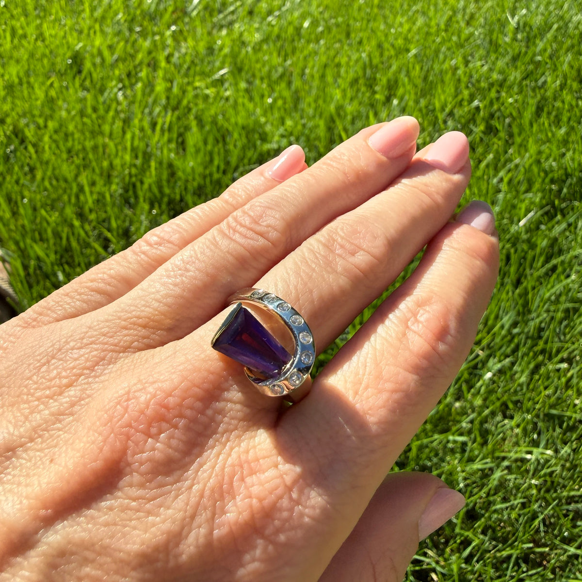 Solid 14K Two-Tone Sculptural Amethyst and Diamond Statement Ring, Size 7.75