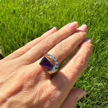 Solid 14K Two-Tone Sculptural Amethyst and Diamond Statement Ring, Size 7.75