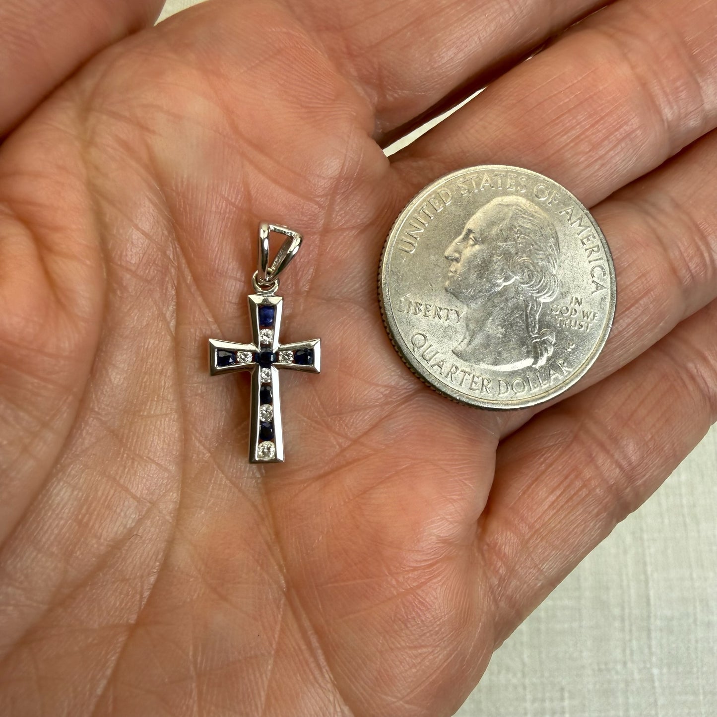 Solid 14K White Gold Diamond and Sapphire Cross — 1.21 grams