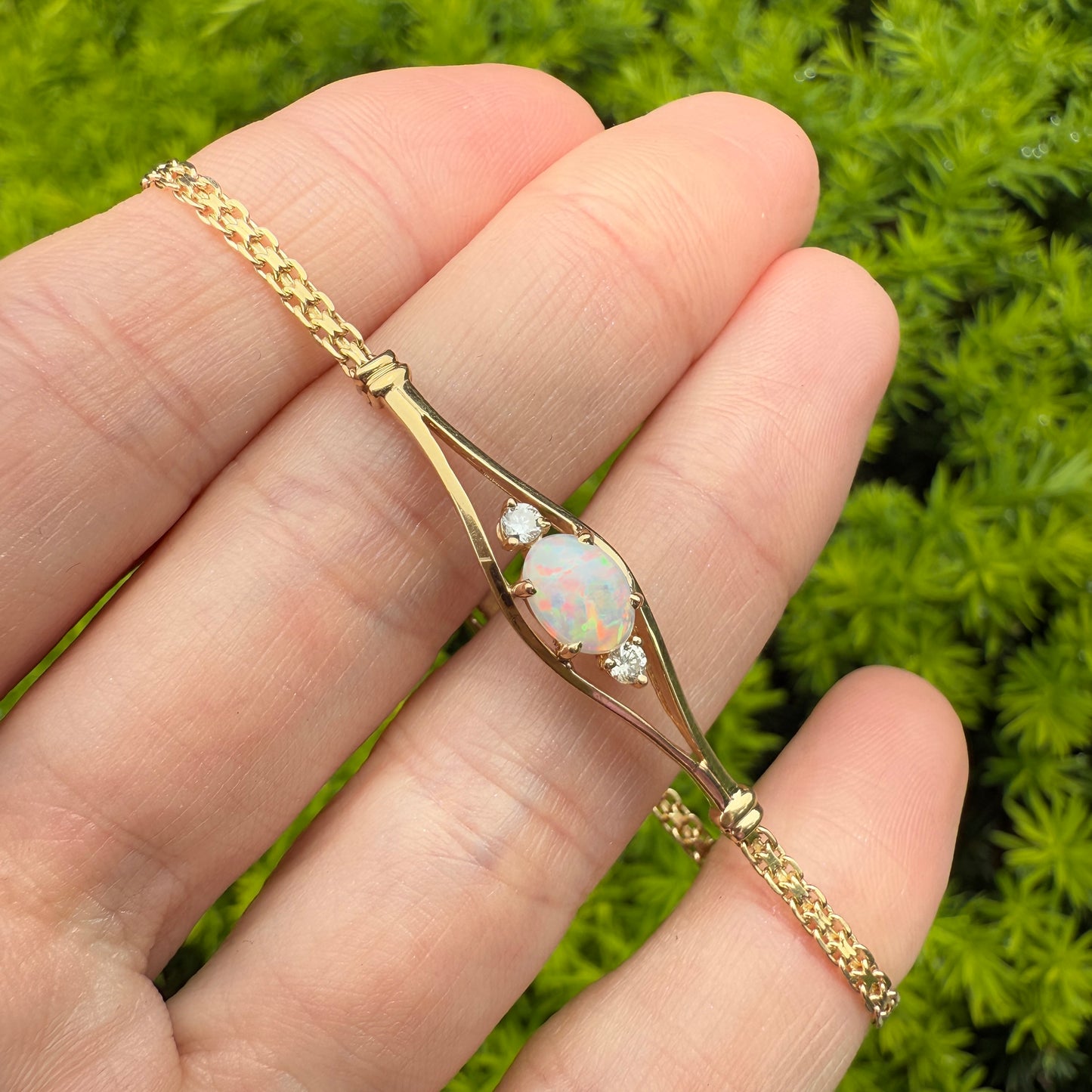 5.5-5.75" Solid 14K Yellow Gold Opal and Diamond&nbsp; Bracelet, 3.57 g