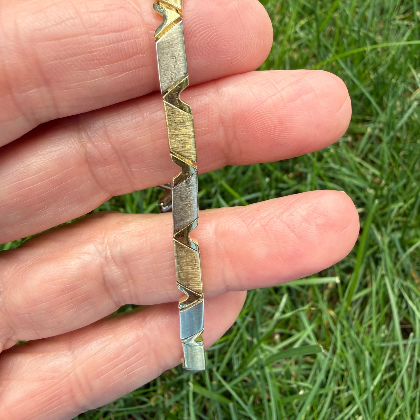 7" Solid 14K Yellow Gold Two-Tone Geometric Link Bracelet, 15.26 grams