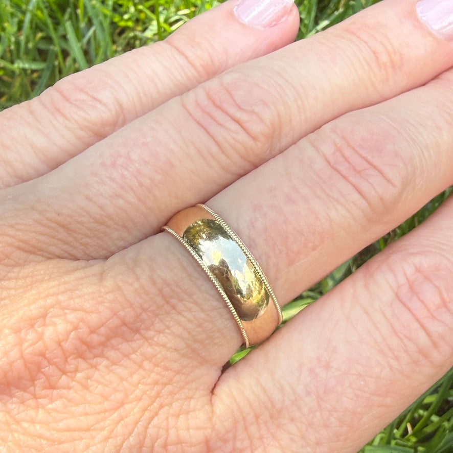 14K Solid Yellow Gold Wide Band Ring with Milgrain Edge 6.14mm, Size 7.75