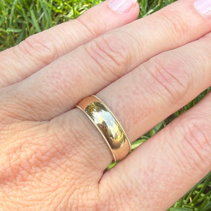 14K Solid Yellow Gold Wide Band Ring with Milgrain Edge 6.14mm, Size 7.75