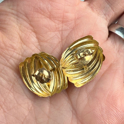 14K Solid Yellow Gold Sculptural Ribbed Earrings, 1.34 g