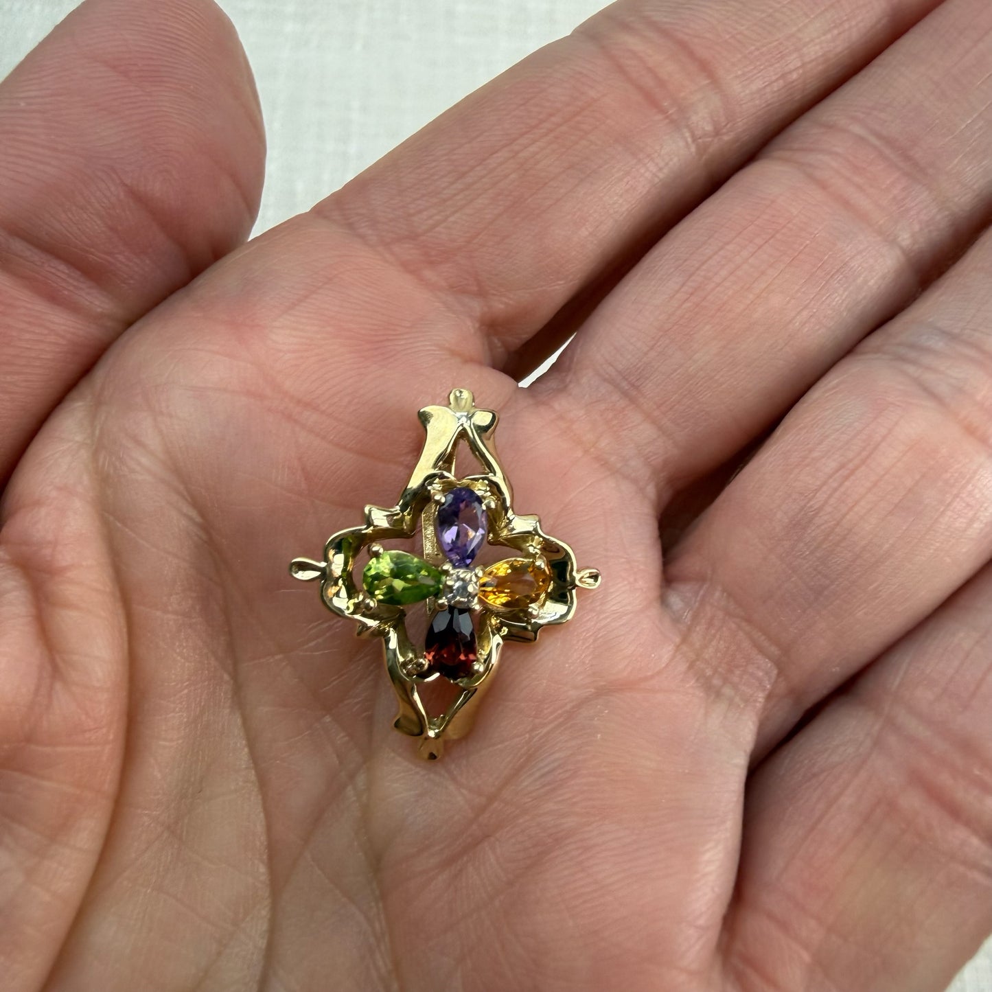 Solid 10K Yellow Gold Multi Gemstone and Diamond Pendant, 2.39 grams