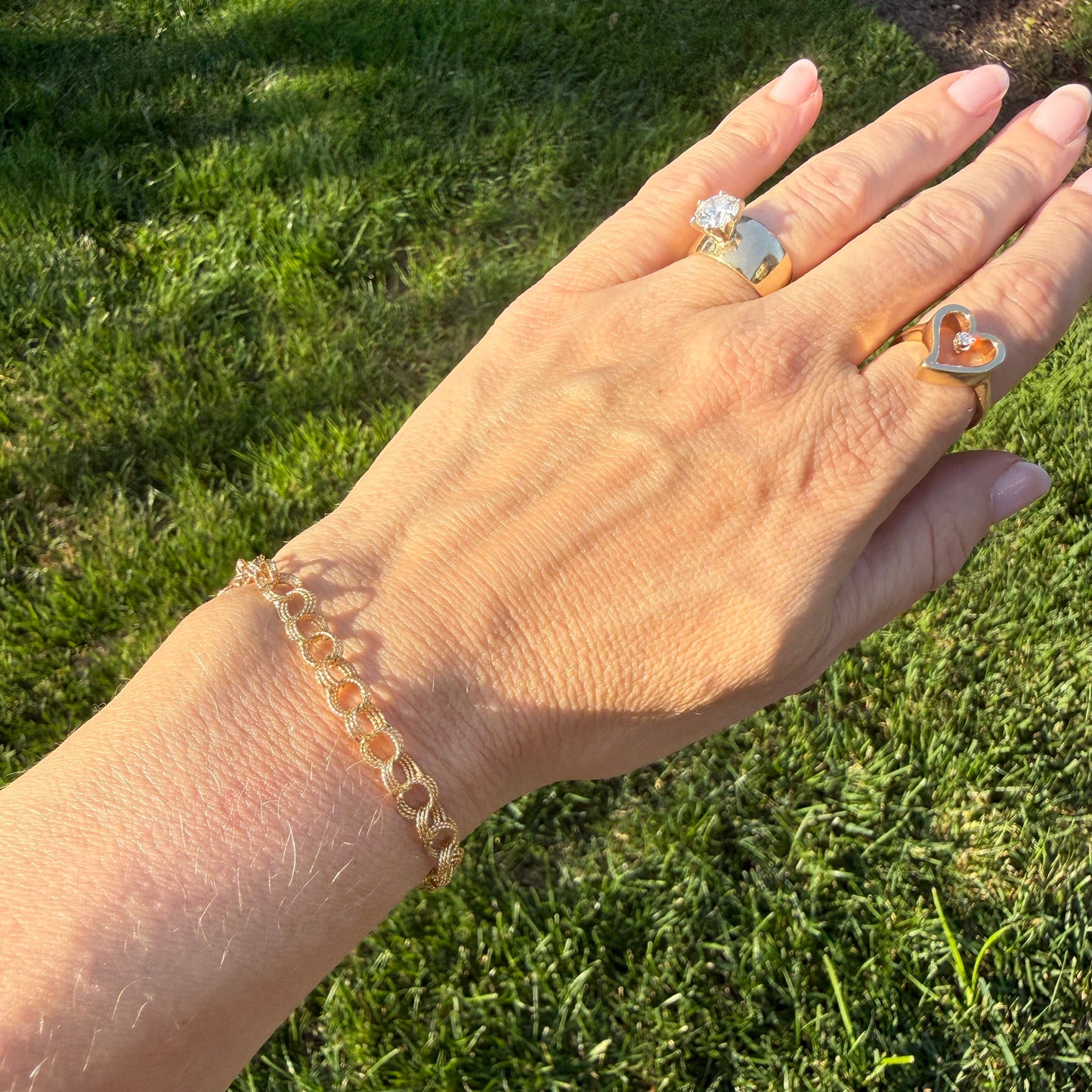 6.5" Vintage Solid 14K Yellow Gold Textured Triple Circle Link Bracelet, 5.58 g