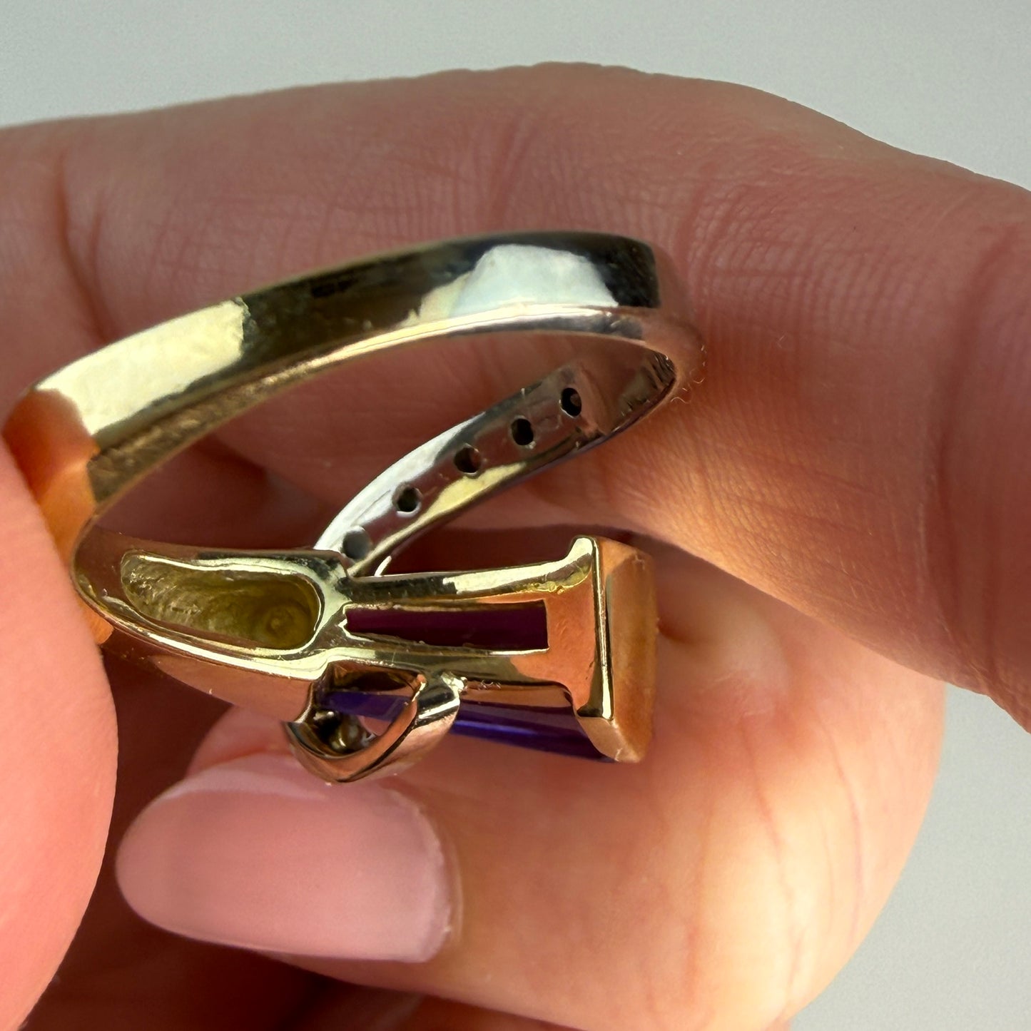 Solid 14K Two-Tone Sculptural Amethyst and Diamond Statement Ring, Size 7.75