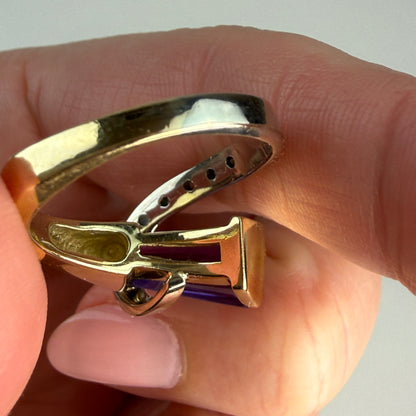 Solid 14K Two-Tone Sculptural Amethyst and Diamond Statement Ring, Size 7.75