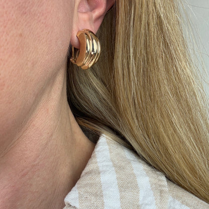 14K Solid Yellow Gold Omega Back Classic Ribbed Half-Hoop Earrings, 5.16 g