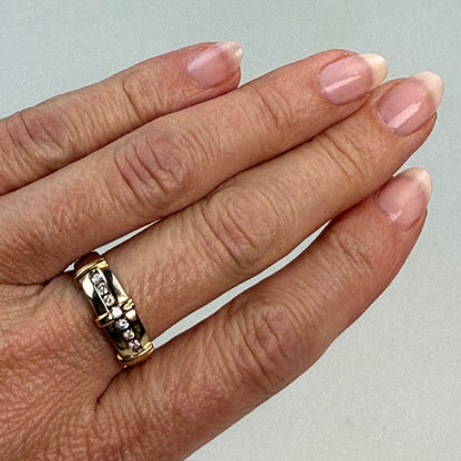Solid 14K Yellow Gold Two-tone Linear Diamond Ring, Size 7.5