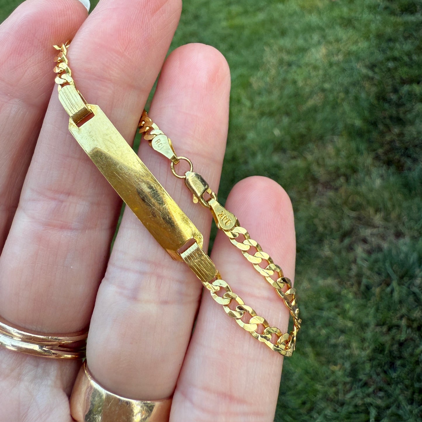 5.6" Solid 14K Yellow Gold Faceted Curb Link ID Bracelet, 3.82 g