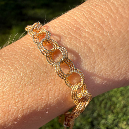 6.5" Vintage Solid 14K Yellow Gold Textured Triple Circle Link Bracelet, 5.58 g