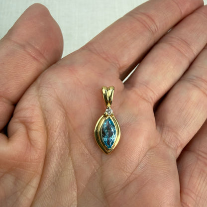 Solid 14K Yellow Gold Marquise-Cut Blue Topaz with diamond Pendant, 1.65 grams