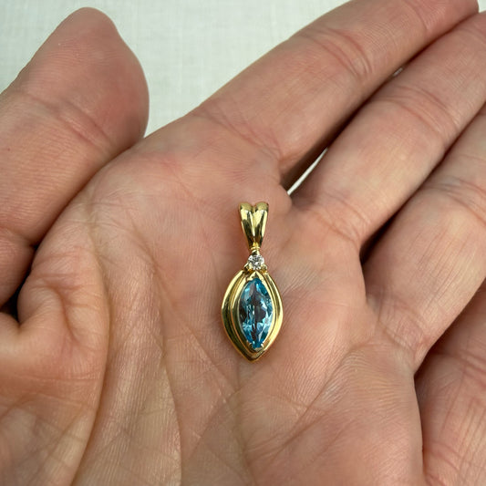Solid 14K Yellow Gold Marquise-Cut Blue Topaz with diamond Pendant, 1.65 grams