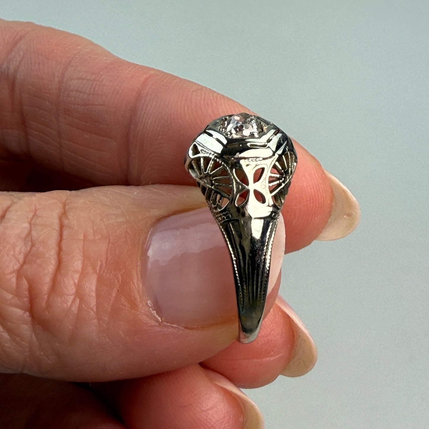 Vintage Solid 18K White Gold Art Deco Old Mine Cut Diamond Ring, Size 6.25