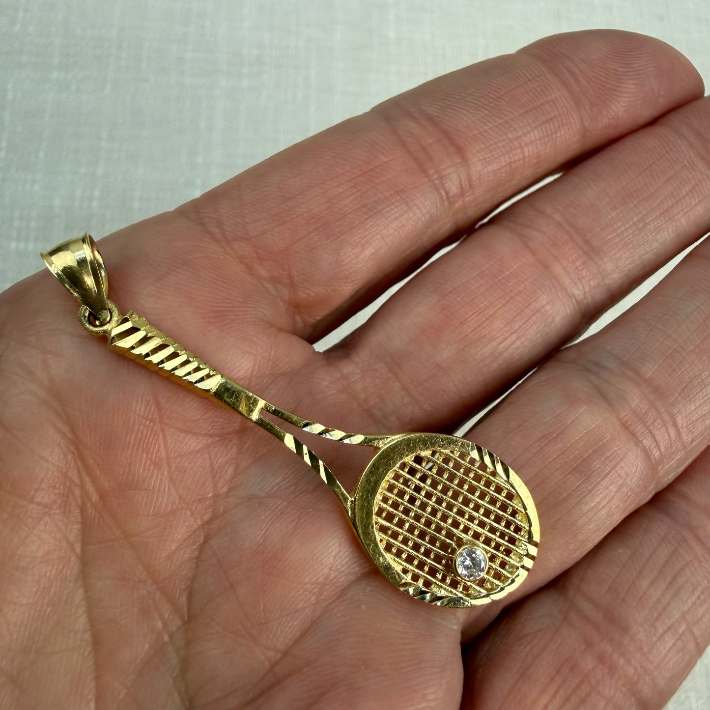 Solid 14K Yellow Gold with Diamond Tennis Racket Pendant Charm, 3.62 grams