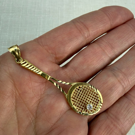 Solid 14K Yellow Gold with Diamond Tennis Racket Pendant Charm, 3.62 grams