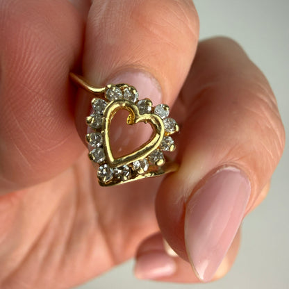 Solid 14K Yellow Gold Diamond Open Heart Ring with Square Shank, Size 5.5