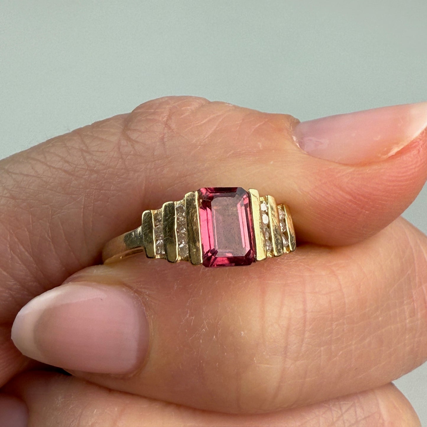 Solid 10K Yellow Gold Vintage Pink Tourmaline and Diamond Ring, Size 7